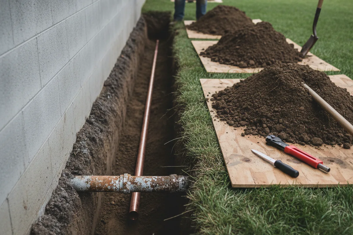 Excavated water line trench during Water Softener Installation in Umatilla